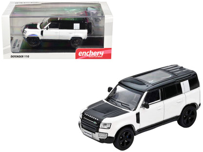 Land Rover Defender 110 White Metallic with Black Top and Roof Rack 1/64 Diecast Model Car