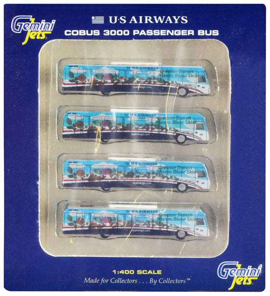 Cobus 3000 Passenger Bus White and Blue with Graphics "US Airways Shuttle Bus - Greener Transit" 4 Piece Set 1/400 Diecast Models