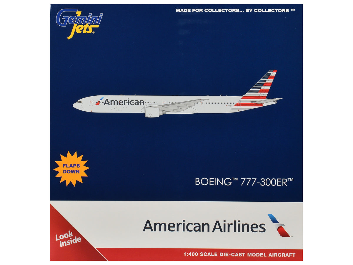Boeing 777-300ER Commercial Aircraft with Flaps Down "American Airlines" (N722AN) Gray with Striped Tail 1/400 Diecast Model