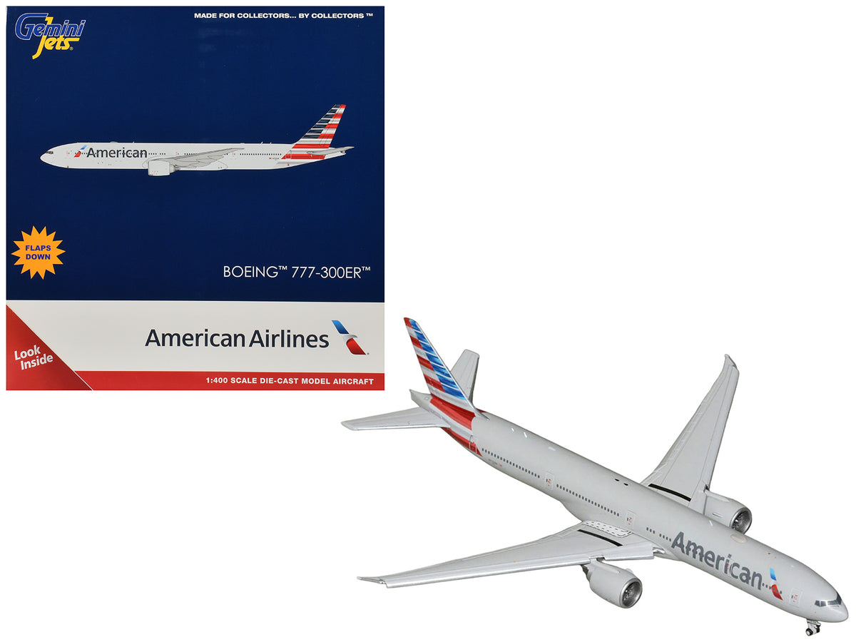 Boeing 777-300ER Commercial Aircraft with Flaps Down "American Airlines" (N722AN) Gray with Striped Tail 1/400 Diecast Model