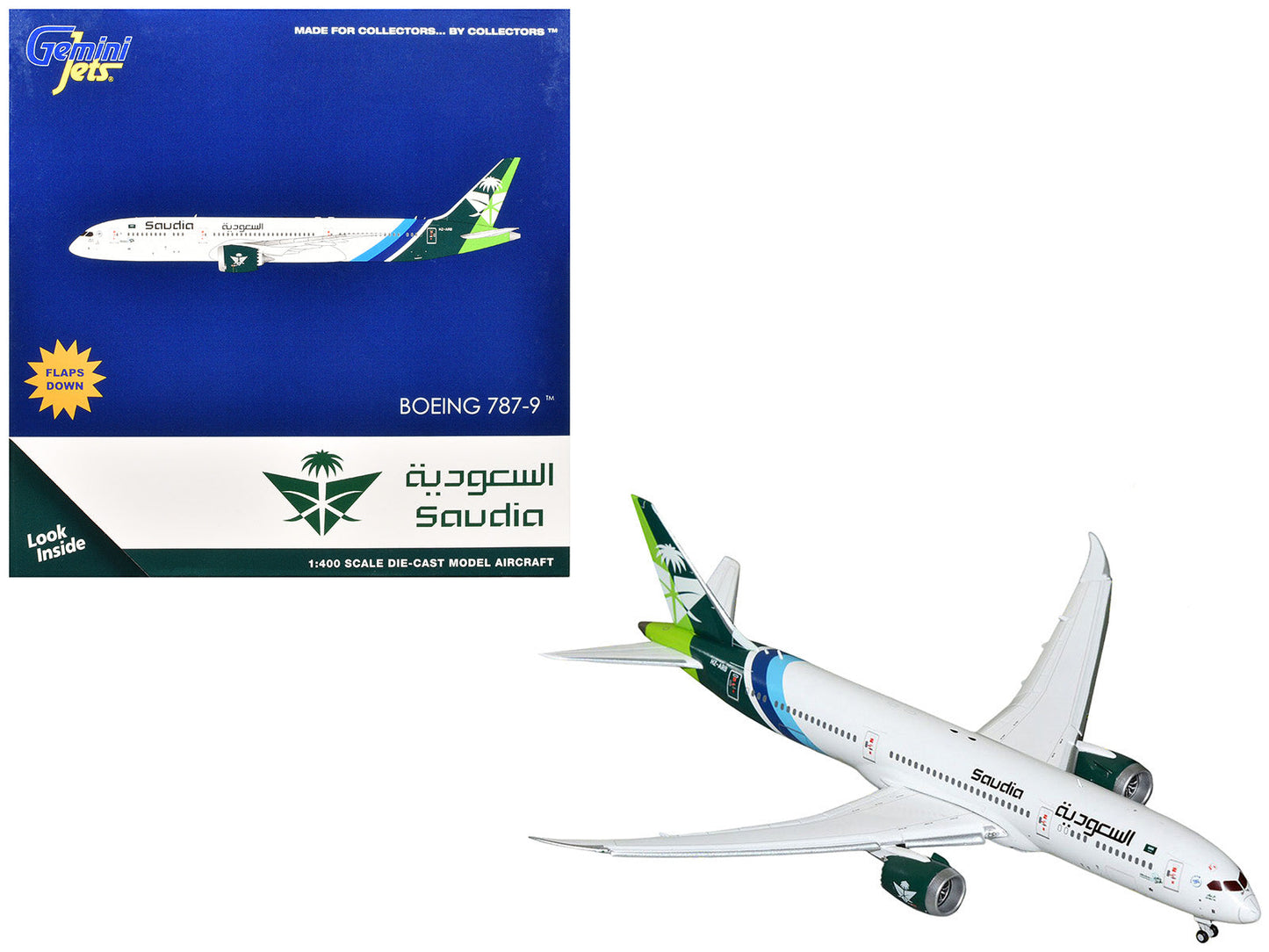 Boeing 787-9 Commercial Aircraft with Flaps Down "Saudia Airline" (HZ-ARB) White with Tail Graphics 1/400 Diecast Model Airplane