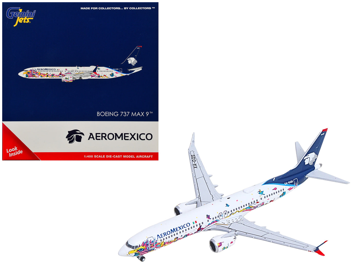 Boeing 737 MAX 9 Commercial Aircraft "Aeromexico - Kukulcan" (XA-GQS) White with Graphics and Blue Tail 1/400 Diecast Model