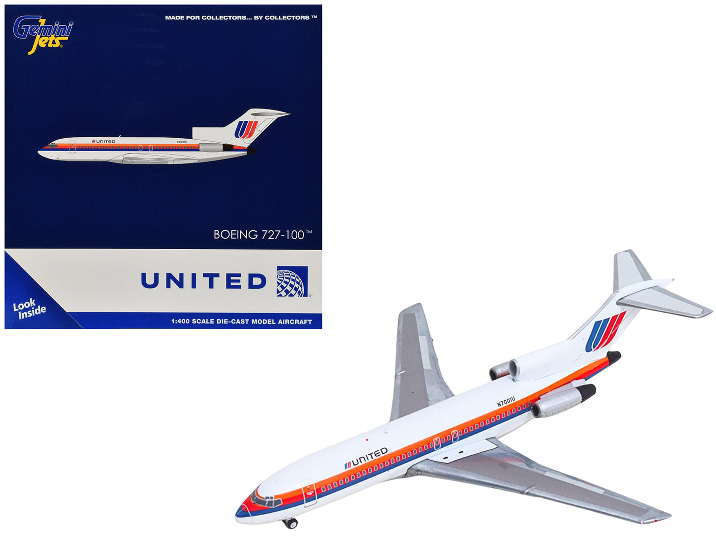 Boeing 727-100 Commercial Aircraft "United Airlines - Saul Bass Livery" (N7001U) White with Stripes 1/400 Diecast Model