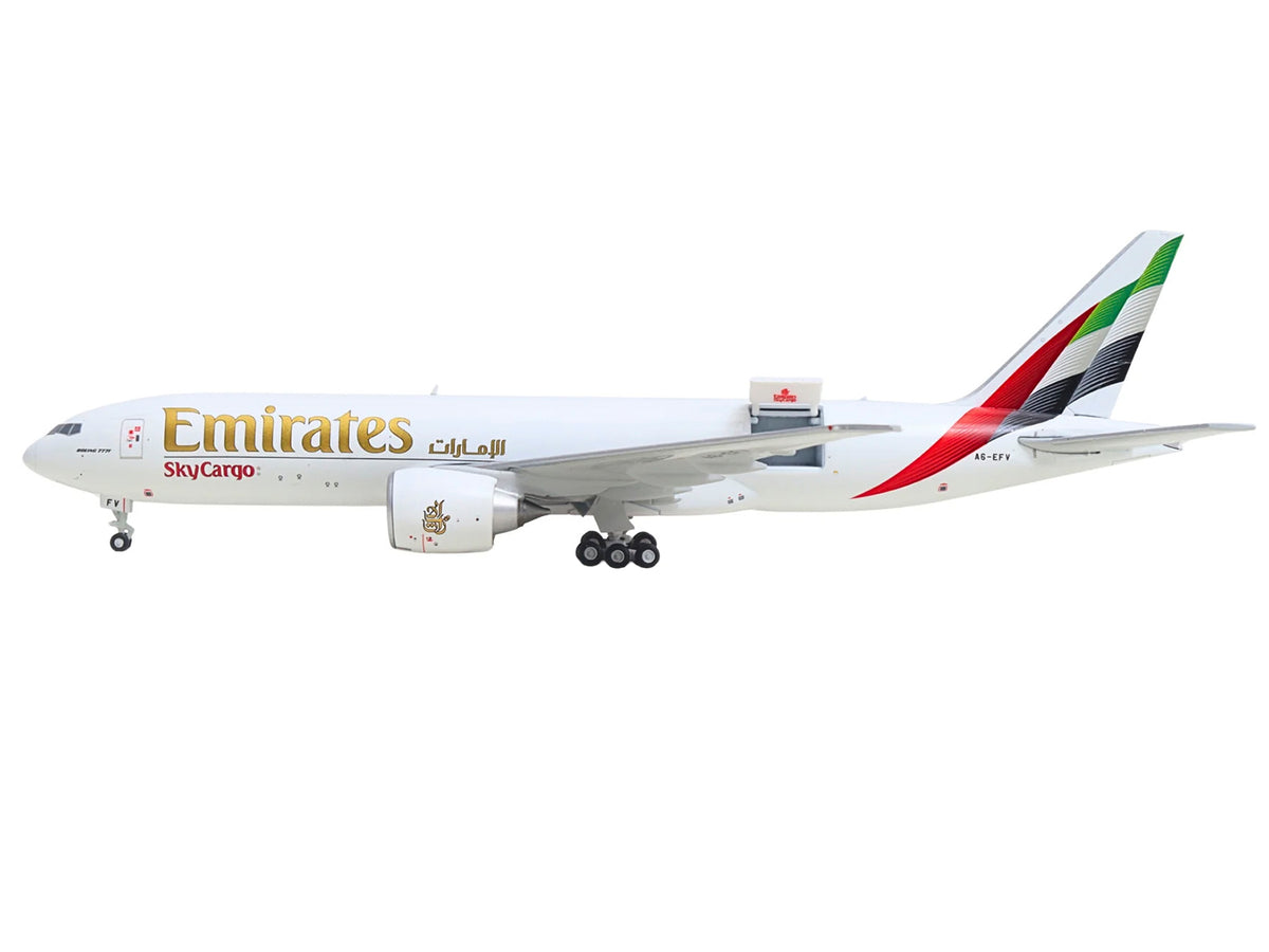 Boeing 777F Commercial Aircraft "Emirates SkyCargo" (A6-EFV) White with Striped Tail "Interactive Series" 1/400 Diecast Model