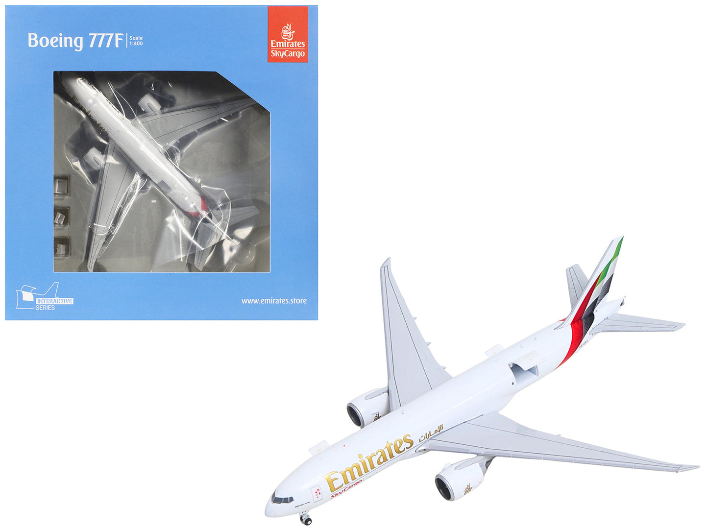 Boeing 777F Commercial Aircraft "Emirates SkyCargo" (A6-EFV) White with Striped Tail "Interactive Series" 1/400 Diecast Model