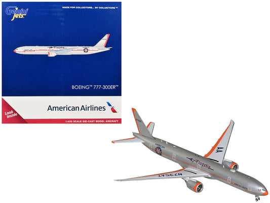 Boeing 777-300ER Commercial Aircraft "American Airlines - Flagship DFW" (N735AT) Silver with Orange Stripes 1/400 Diecast Model