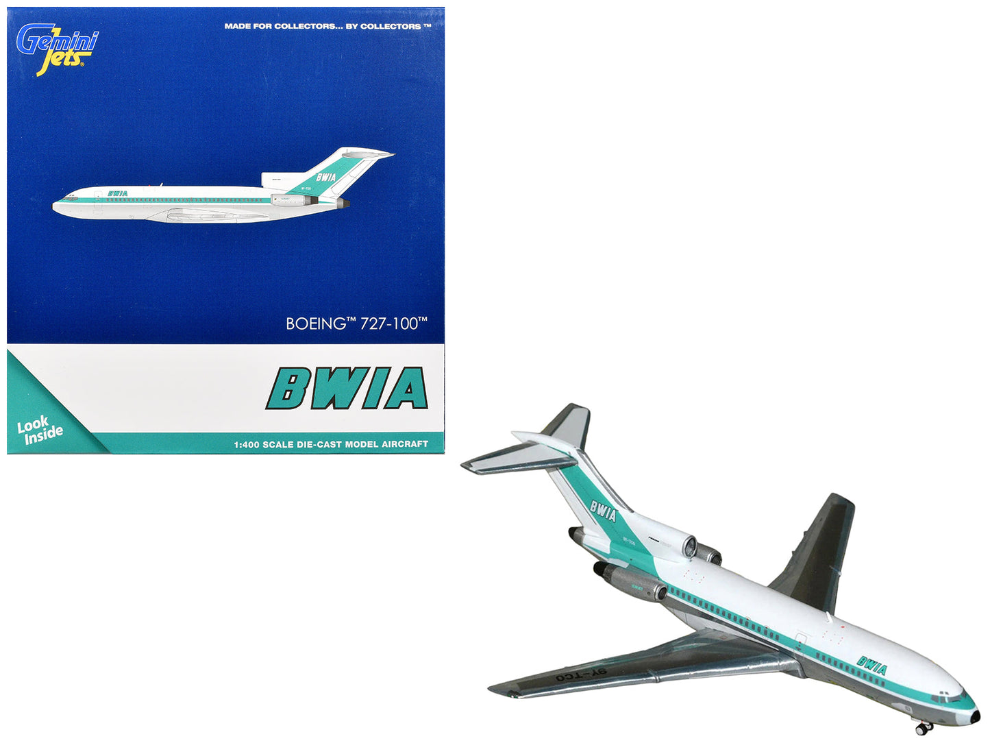 Boeing 727-100 Commercial Aircraft "British West Indian Airways" (9Y-TCO) White with Light Green Stripes 1/400 Diecast Model Airplane