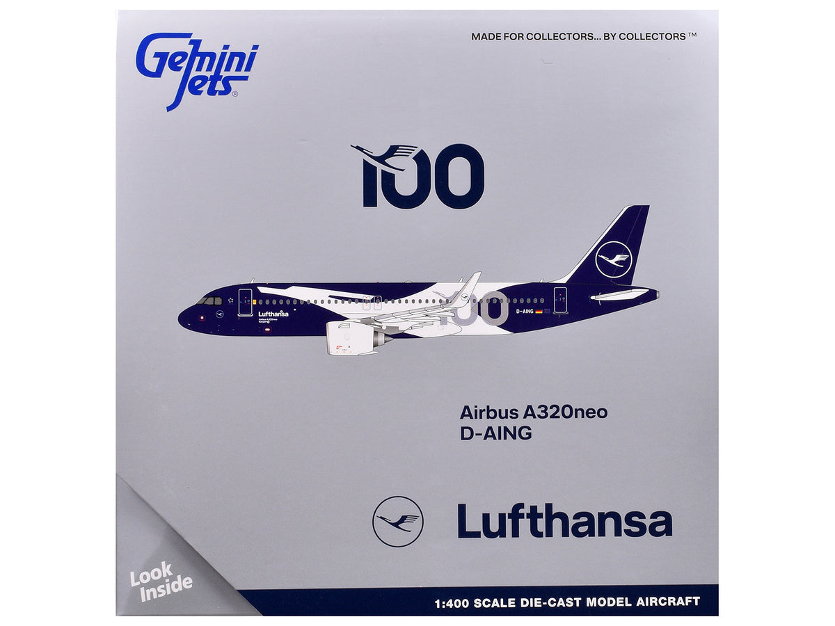Airbus A320neo Commercial Aircraft "Lufthansa 100th Anniversary" (D-AING) White and Dark Blue 1/400 Diecast Model Airplane