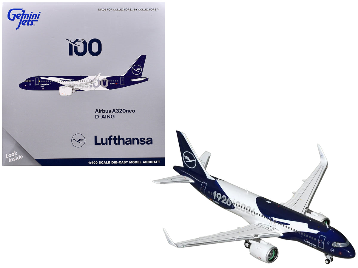 Airbus A320neo Commercial Aircraft "Lufthansa 100th Anniversary" (D-AING) White and Dark Blue 1/400 Diecast Model Airplane