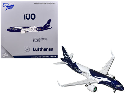 Airbus A320neo Commercial Aircraft "Lufthansa 100th Anniversary" (D-AING) White and Dark Blue 1/400 Diecast Model Airplane