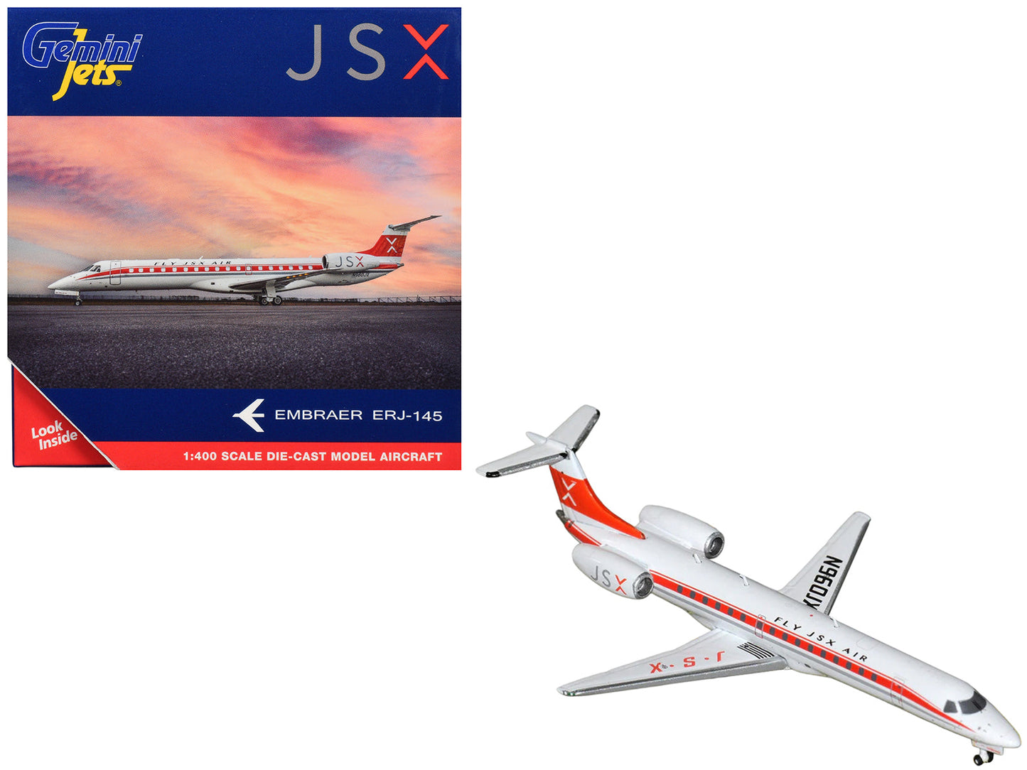 Embraer ERJ-145 Commercial Aircraft "JSX" (N960JX) White with Red Stripes and Tail 1/400 Diecast Model Airplane
