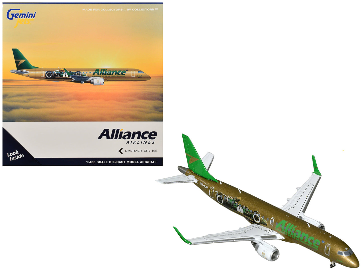 Embraer ERJ-190 Commercial Aircraft "Alliance Airlines - Sir Jack Brabham" (N7620U) Gold Metallic with Graphics 1/400 Diecast Model Airplane