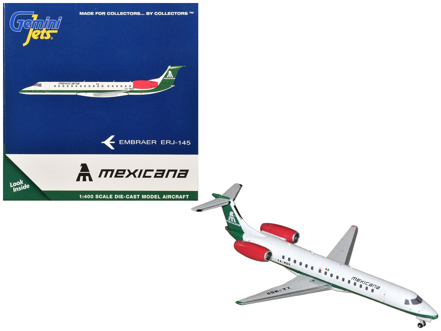 Embraer ERJ-145 Commercial Aircraft "Mexicana de Aviacion" (XA-MBR) White with Green Stripes 1/400 Diecast Model