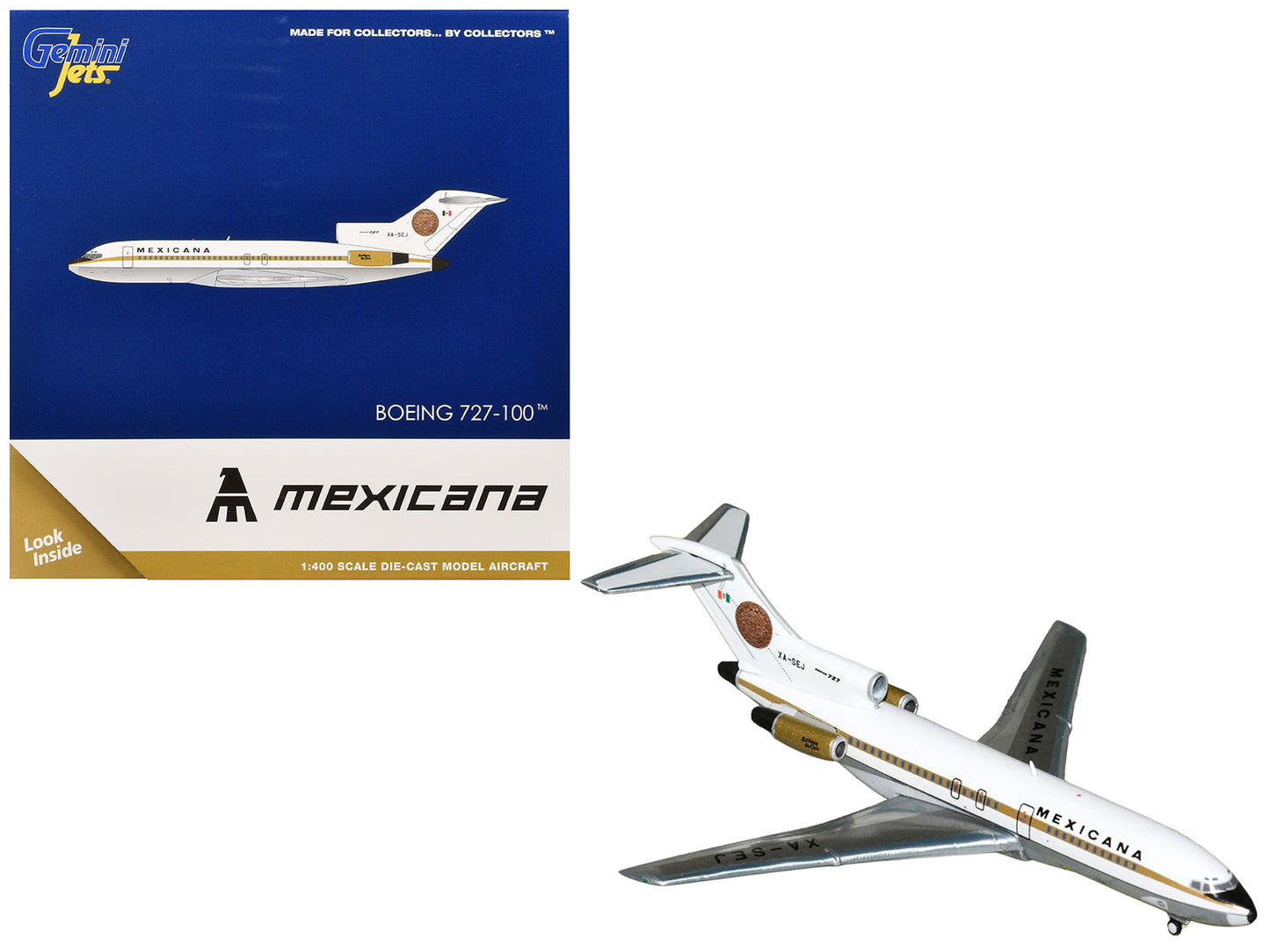 Boeing 727-100 Commercial Aircraft "Mexicana de Aviacion" (XA-SEJ) White with Gold Stripes 1/400 Diecast Model Airplane