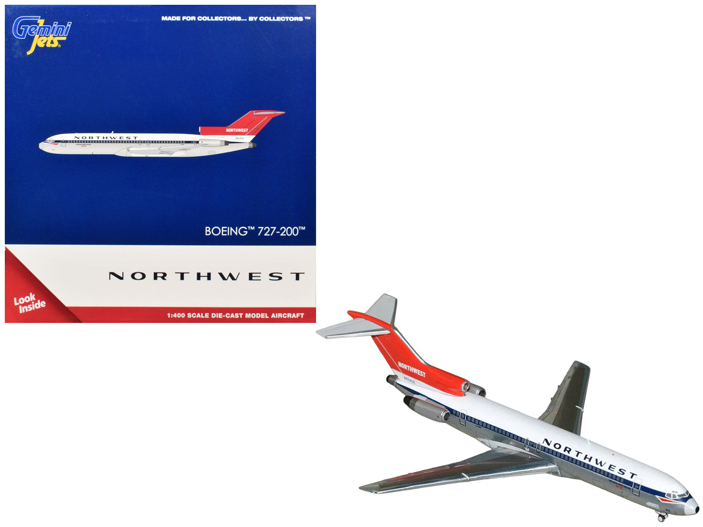 Boeing 727-200 Commercial Aircraft "Northwest Airlines" (N254US) White with Blue Stripes and Red Tail 1/400 Diecast Model