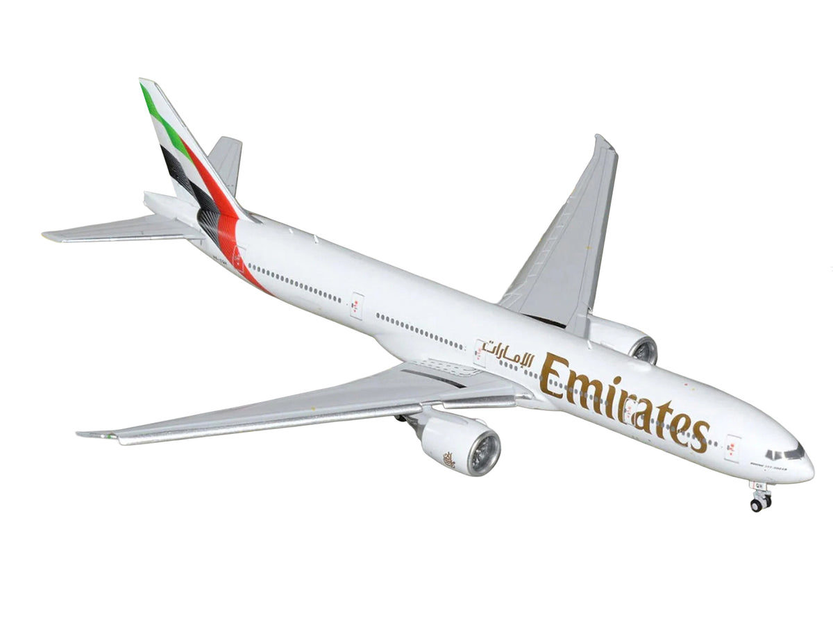 Boeing 777-300ER Commercial Aircraft with Flaps Down "Emirates Airlines" (A6-EQH) White with Striped Tail 1/400 Diecast Model