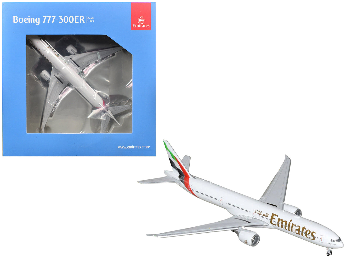 Boeing 777-300ER Commercial Aircraft with Flaps Down "Emirates Airlines" (A6-EQH) White with Striped Tail 1/400 Diecast Model
