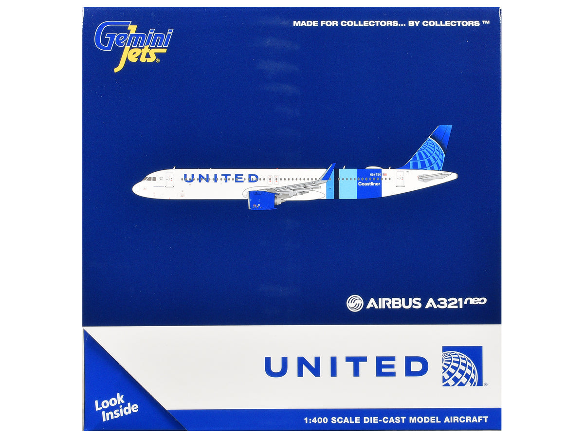 Airbus A321neo Commercial Aircraft "United Airlines Coastliner" (N94750) White with Blue Stripes and Tail 1/400 Diecast Model Airplane