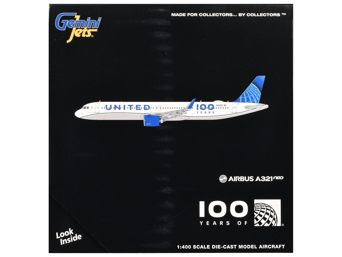 Airbus A321neo Commercial Aircraft "United Airlines 100 Years" (N44550) White with Blue Tail 1/400 Diecast Model Airplane