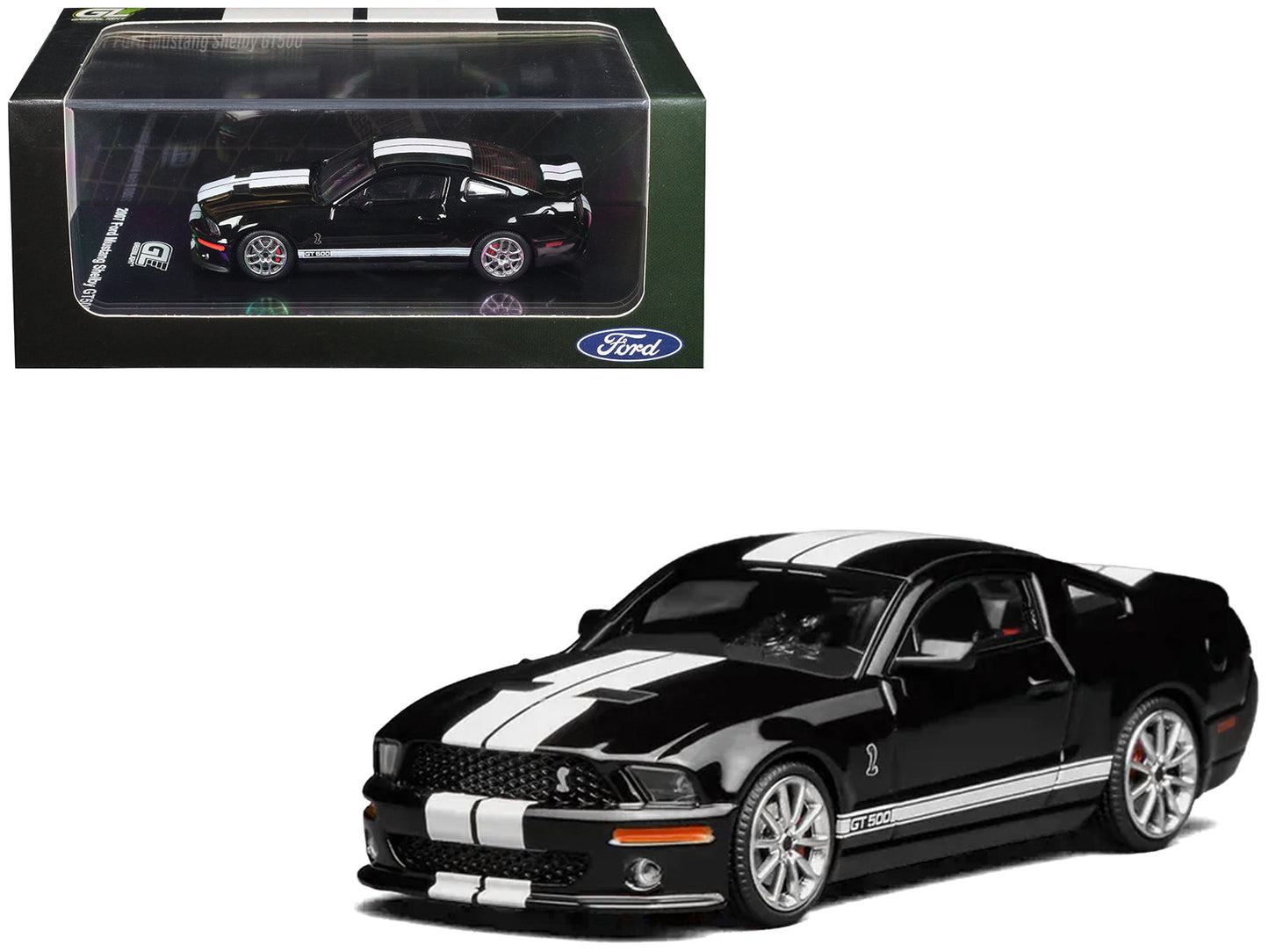 2007 Ford Mustang Shelby GT500 Ebony Black with White Stripes 1/64 Diecast Model Car