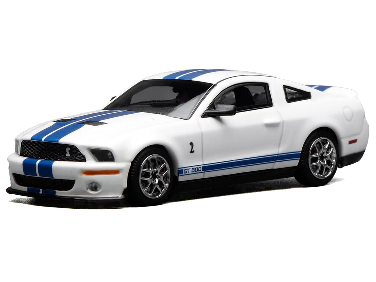 2007 Ford Mustang Shelby GT500 Performance White with Blue Stripes 1/64 Diecast Model Car