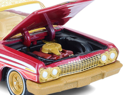1963 Chevrolet Impala Lowrider "Michael Heralda Special Edition" Red Metallic with Cream Top and Interior with Gold Graphics "Hobby Exclusive" Series 1/64 Diecast Model Car