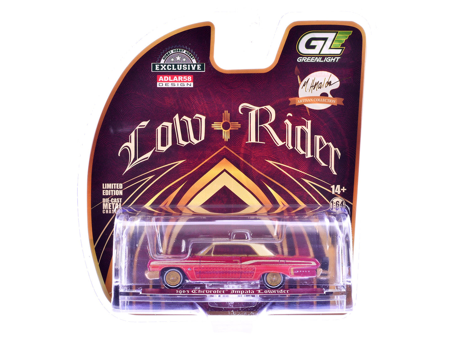 1963 Chevrolet Impala Lowrider "Michael Heralda Special Edition" Red Metallic with Cream Top and Interior with Gold Graphics "Hobby Exclusive" Series 1/64 Diecast Model Car