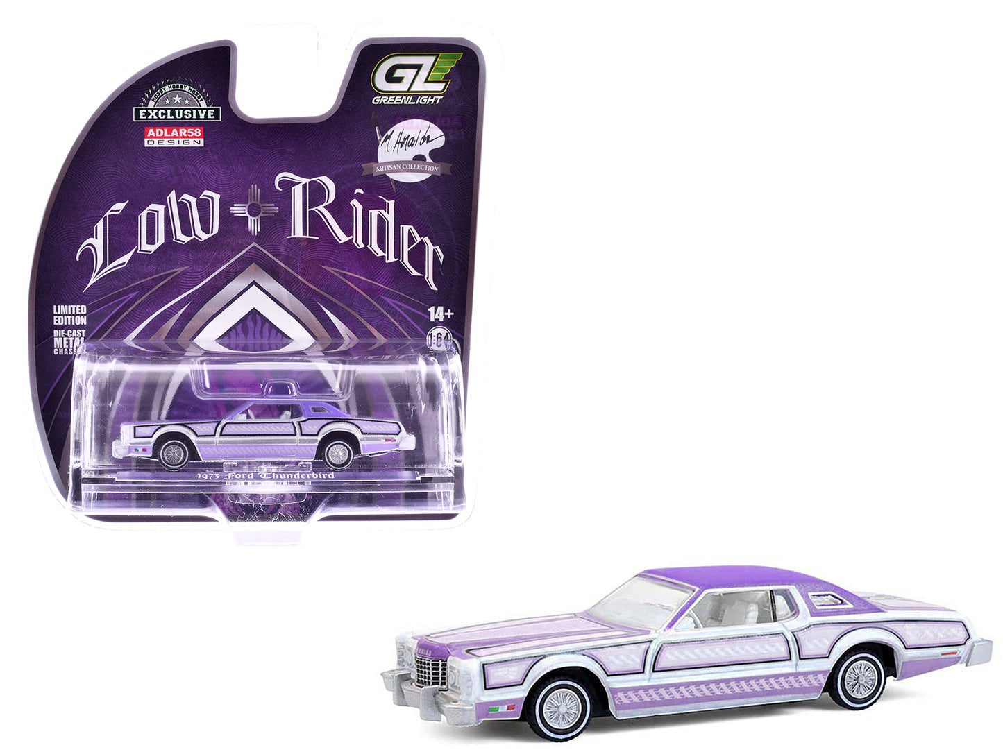 1973 Ford Thunderbird Lowrider "Michael Heralda Special Edition" Purple Metallic with Graphics and White Interior "Hobby Exclusive" Series 1/64 Diecast Model Car