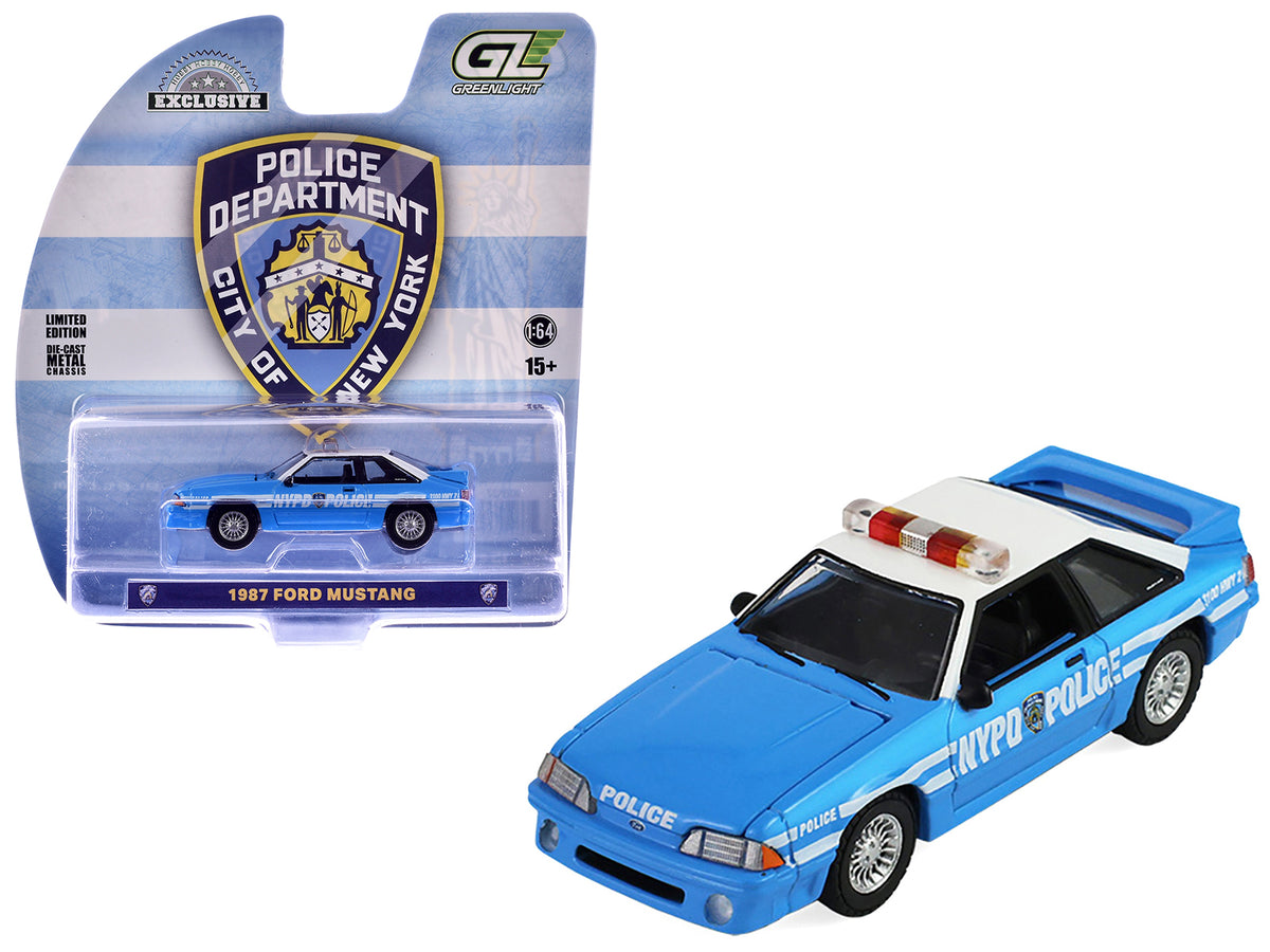 1987 Ford Mustang "New York City Police Department (NYPD)" Blue with White Top "Hobby Exclusive" Series 1/64 Diecast Model Car