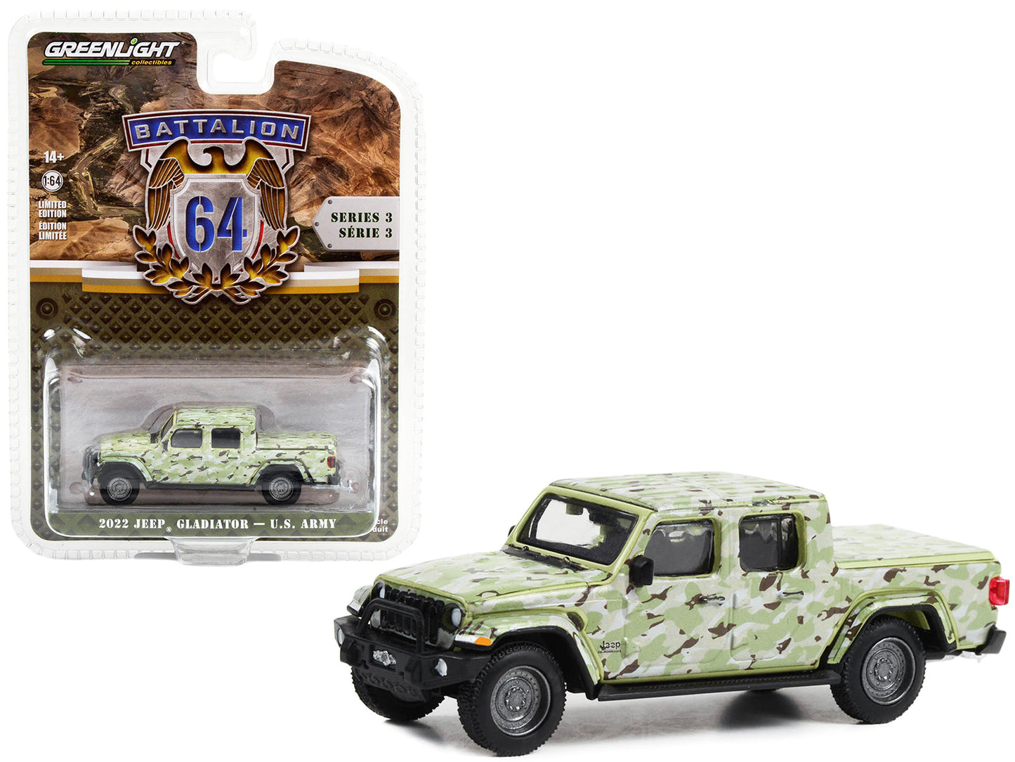 2022 Jeep Gladiator Pickup Truck "U.S. Army" Military-Spec Camouflage "Battalion 64" Series 3 1/64 Diecast Model Car