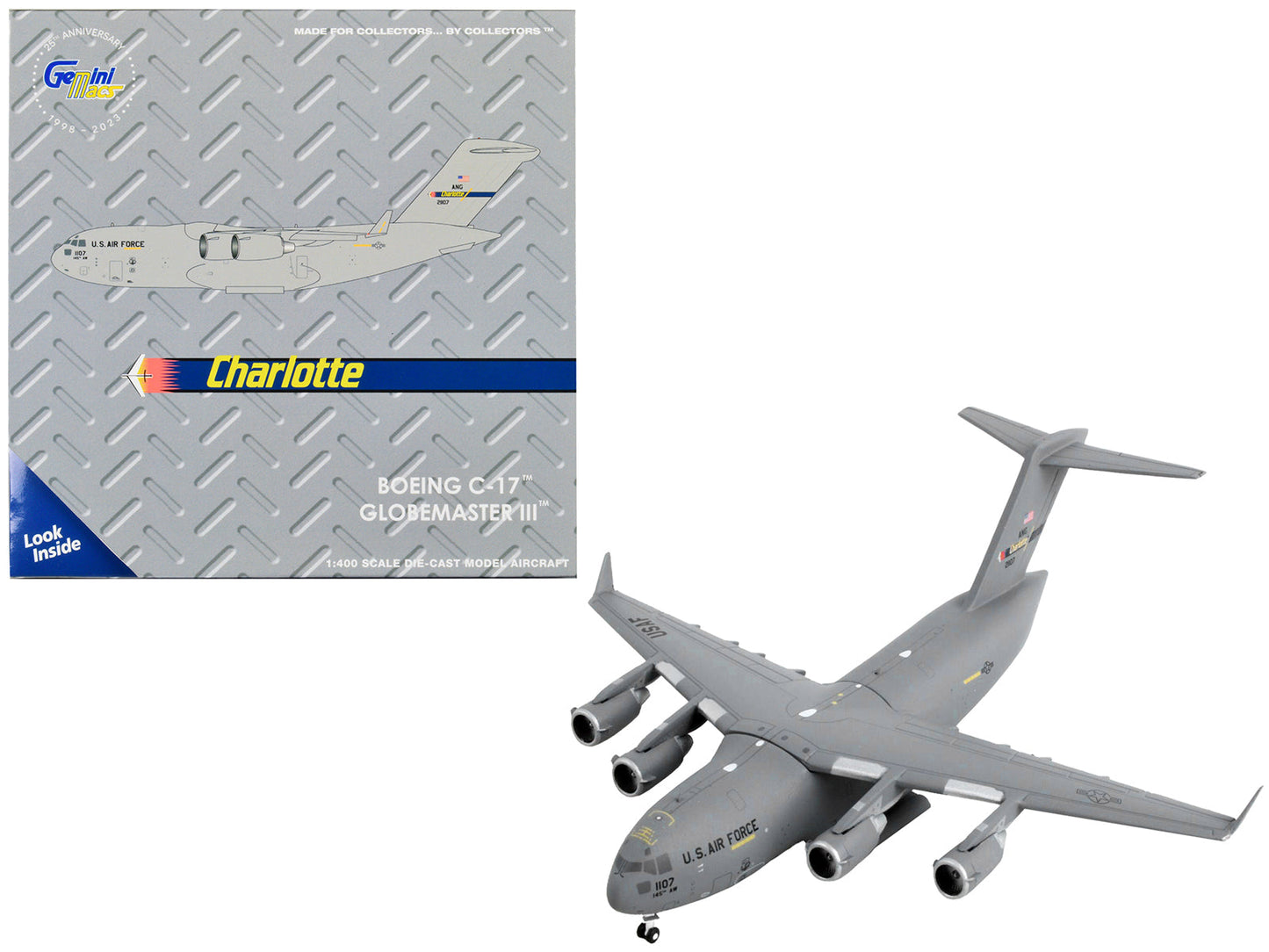 Boeing C-17 Globemaster III Transport Aircraft "Charlotte Air National Guard - United States Air Force" Gray "Gemini Macs" Series 1/400 Diecast Model Airplane