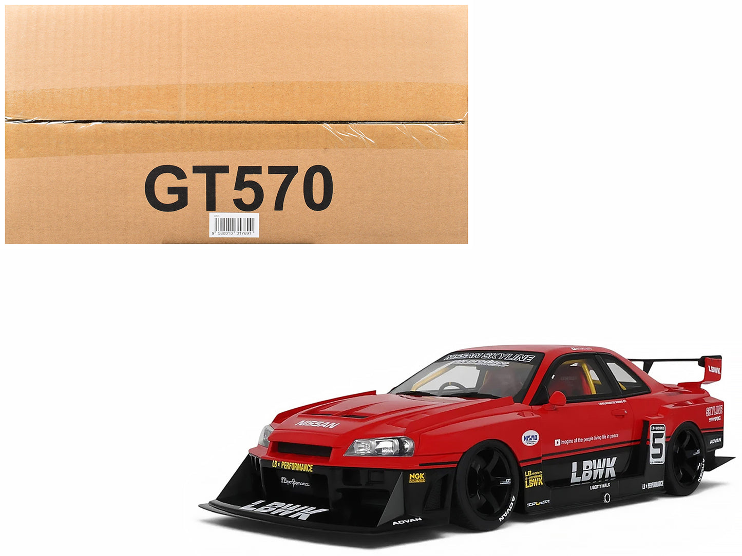 2020 Nissan Skyline GT-R (R34) LB-Super Silhouette RHD (Right Hand Drive) #5 Red and Black 1/18 Model Car