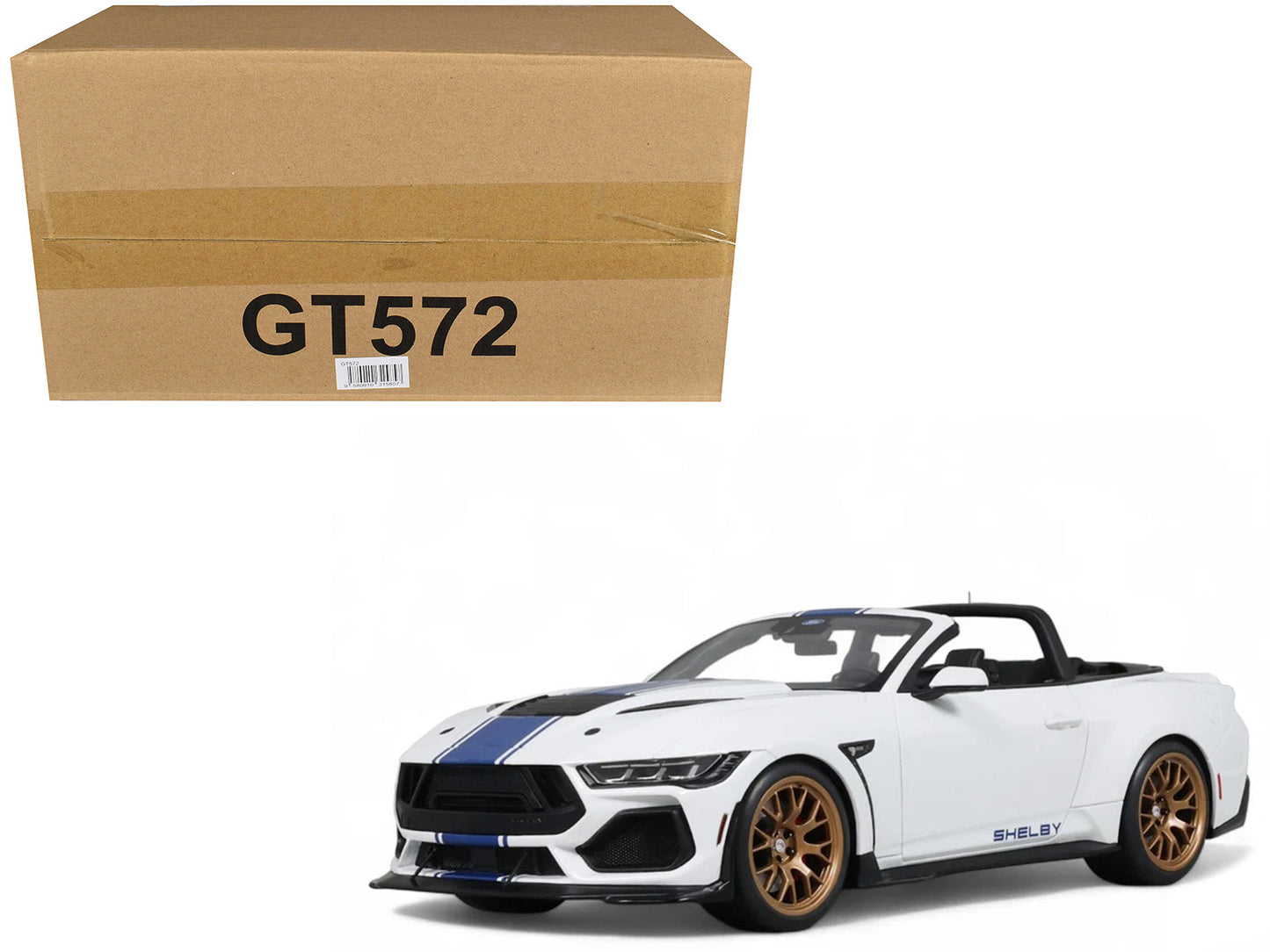 2025 Shelby Mustang Supersnake Convertible White with Blue Stripes 1/18 Model Car