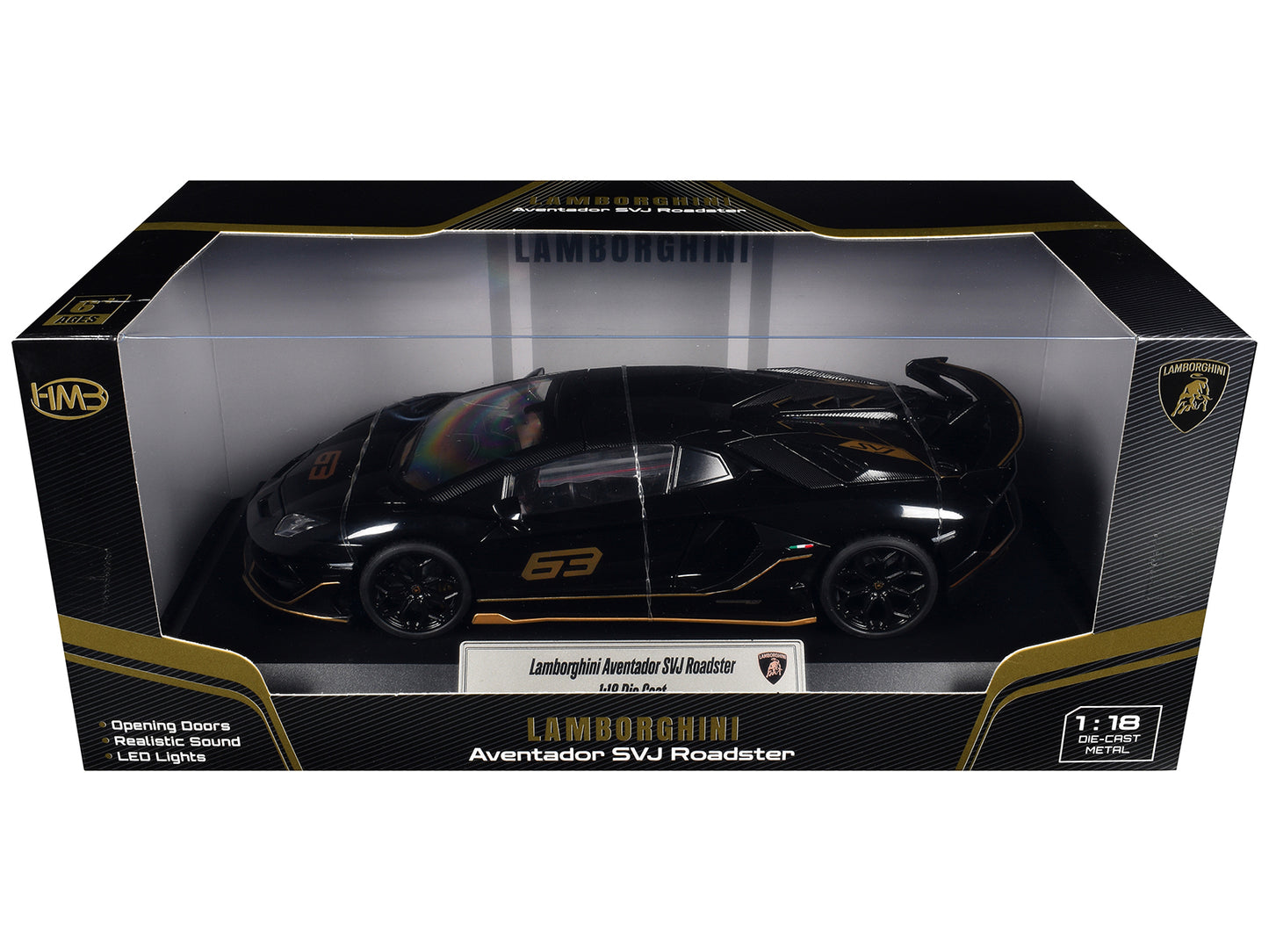 Lamborghini Aventador SVJ Roadster Black with Carbon Top and Gold Accents 1/18 Diecast Model Car