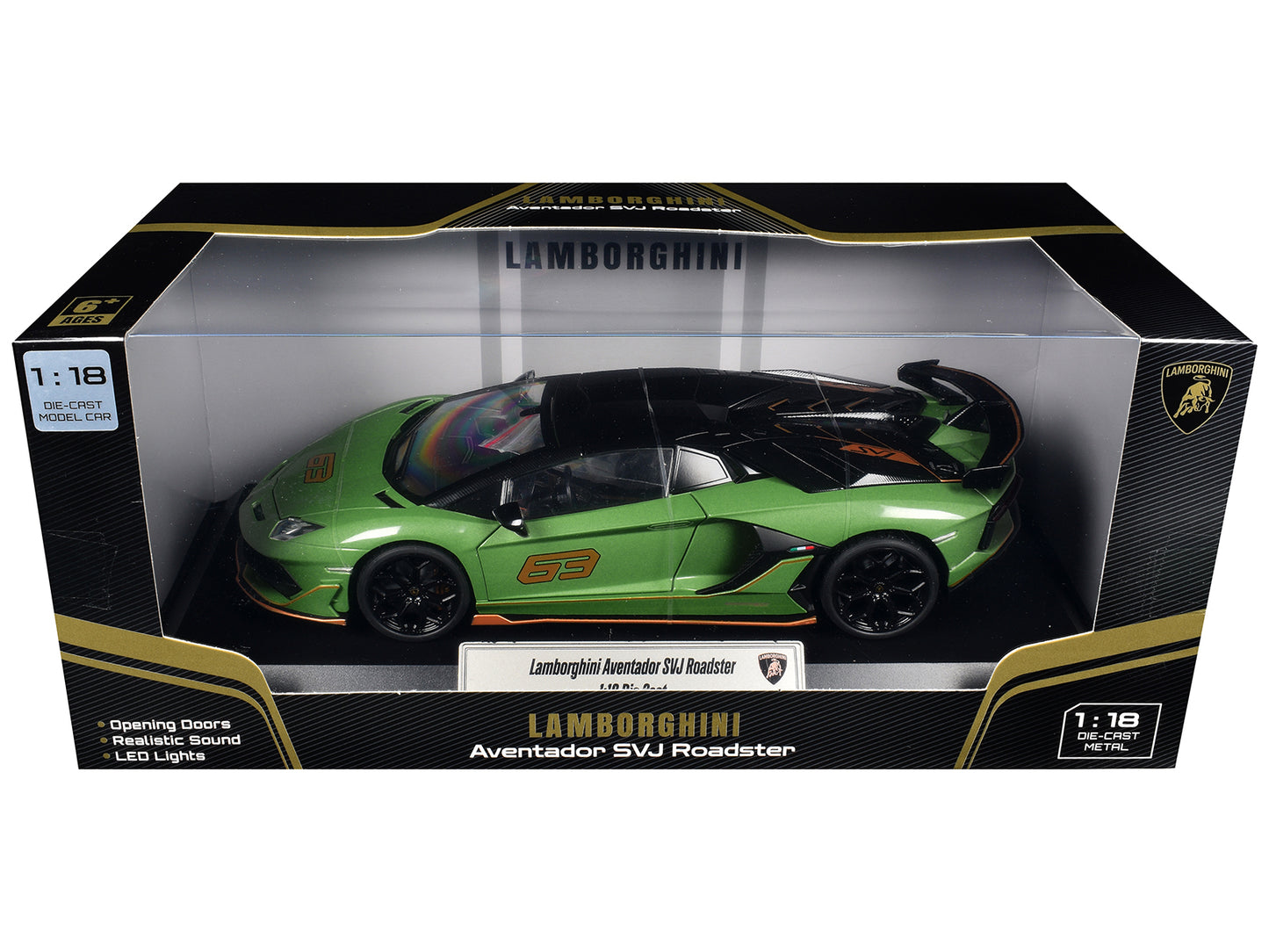 Lamborghini Aventador SVJ Roadster Green Metallic with Carbon Top and Gold Accents 1/18 Diecast Model Car