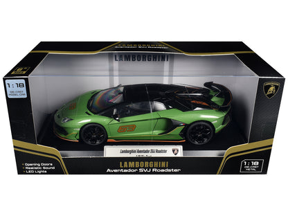 Lamborghini Aventador SVJ Roadster Green Metallic with Carbon Top and Gold Accents 1/18 Diecast Model Car