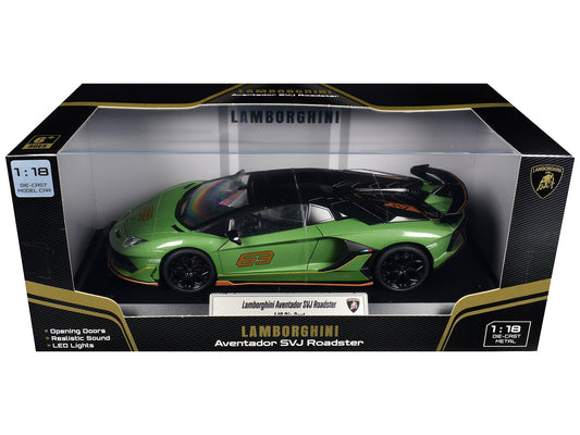 Lamborghini Aventador SVJ Roadster Green Metallic with Carbon Top and Gold Accents 1/18 Diecast Model Car
