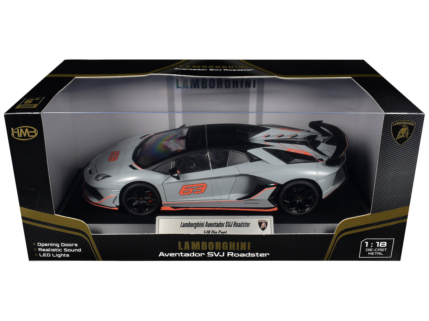 Lamborghini Aventador SVJ Roadster Matt Gray with Carbon Top and Orange Accents 1/18 Diecast Model Car