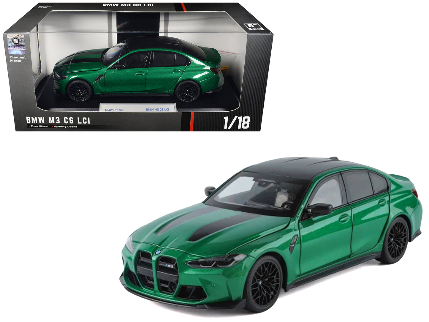 BMW M3 CS LCI Green Metallic with Matt Black Top and Hood Stripes 1/18 Diecast Model Car