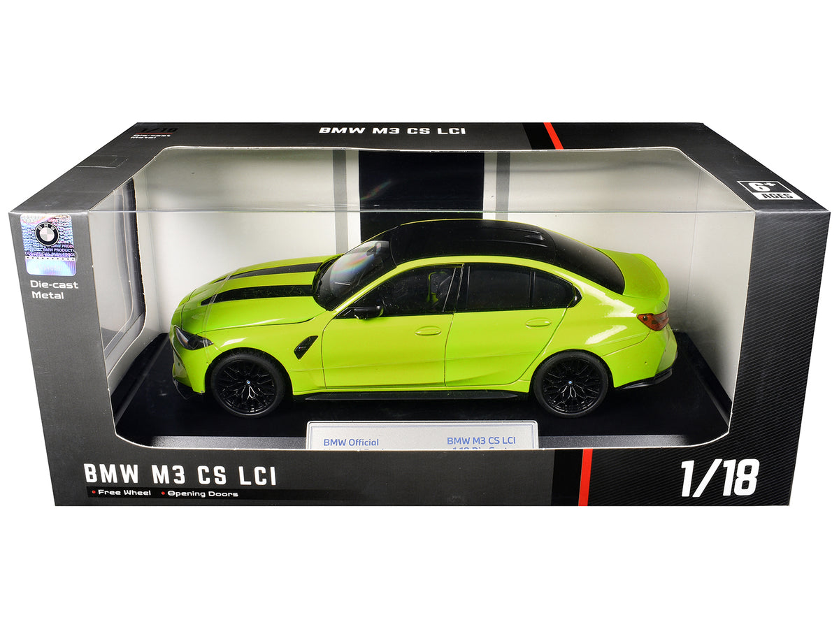BMW M3 CS LCI Lime Green Metallic with Matt Black Top and Hood Stripes 1/18 Diecast Model Car