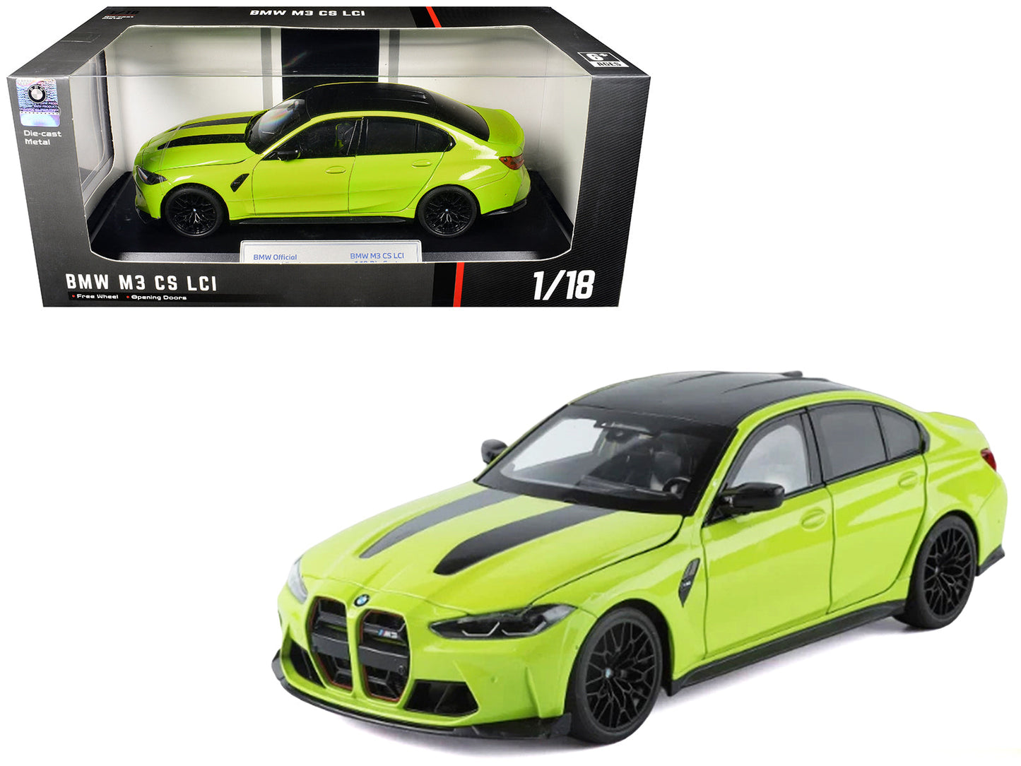 BMW M3 CS LCI Lime Green Metallic with Matt Black Top and Hood Stripes 1/18 Diecast Model Car