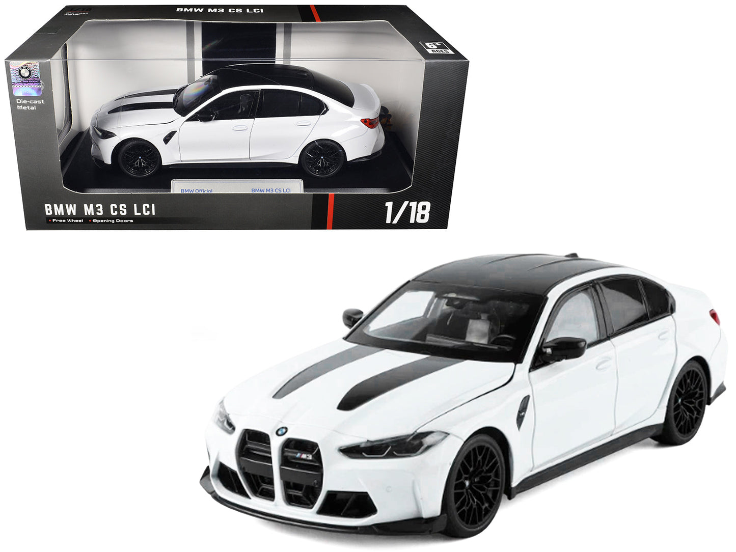BMW M3 CS LCI White Metallic with Matt Black Top and Hood Stripes 1/18 Diecast Model Car