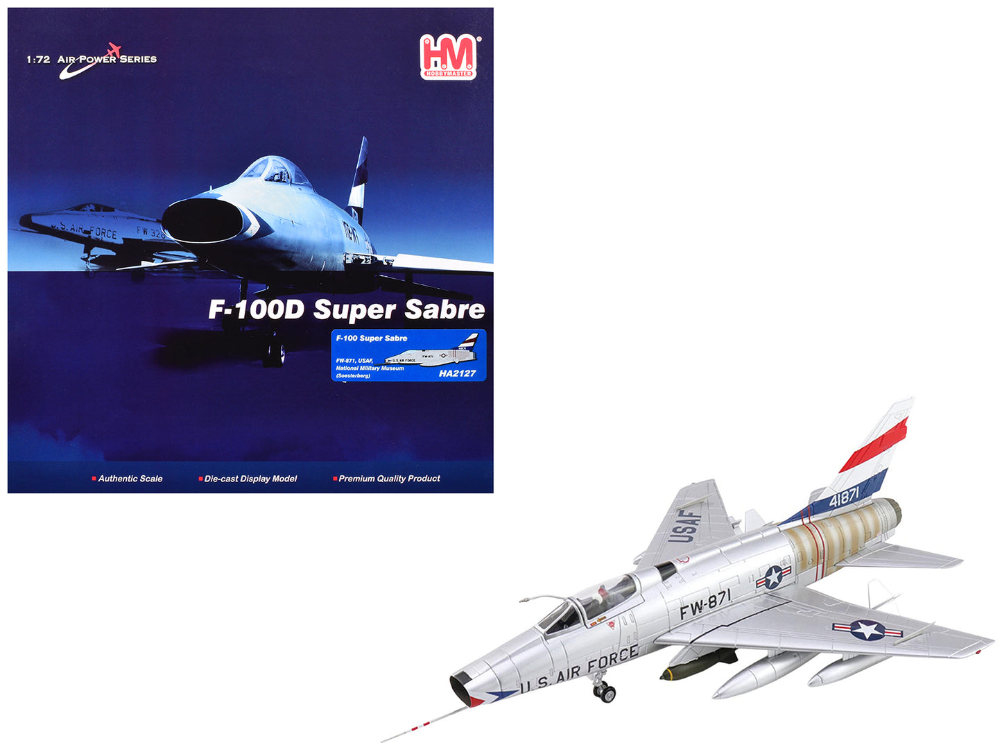 North American F-100 Super Sabre Fighter Aircraft "FW-871 National Military Museum Soesterberg Netherlands" United States Air Force "Air Power Series" 1/72 Diecast Model