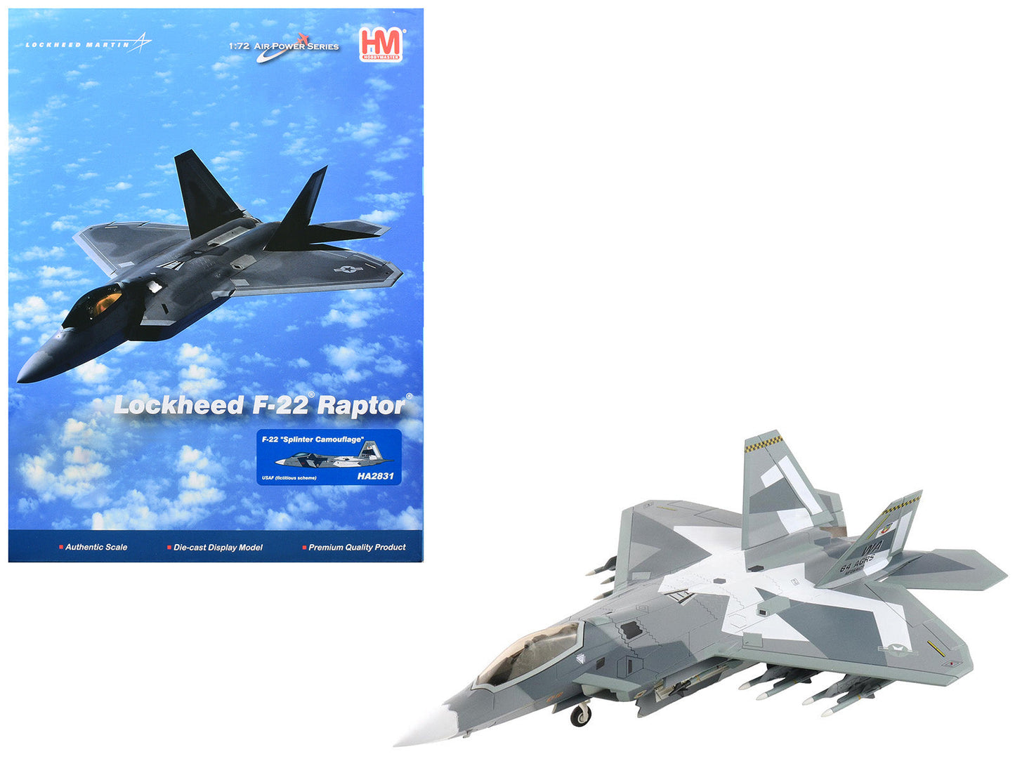 Lockheed F-22 Raptor Stealth Aircraft "Splinter Camouflage" United States Air Force "Air Power Series" 1/72 Diecast Model