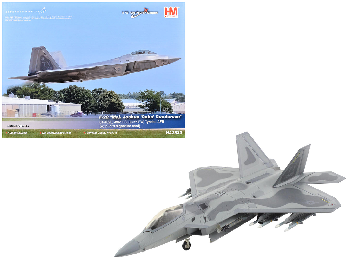 Lockheed F-22 Raptor Stealth Aircraft "01-4023 Major Joshua 'Cabo' Gunderson 43rd FS 325th FW Tyndall AFB" United States Air Force "Air Power Series" 1/72 Diecast Model