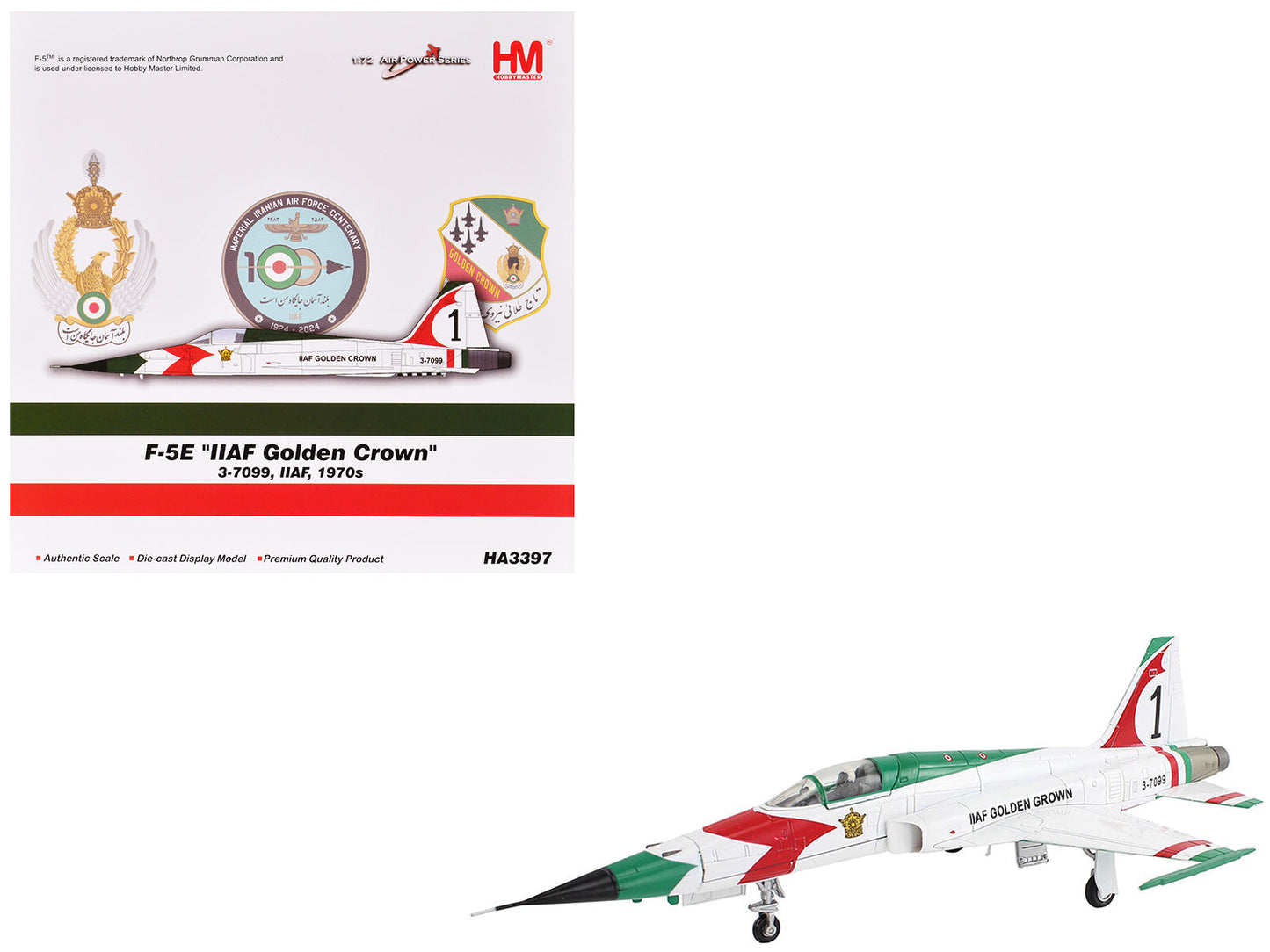 Northrop F-5E Tiger II Aircraft "#1 3-7099 IIAF Golden Crown" Imperial Iranian Air Force "Air Power Series" 1/72 Diecast Model