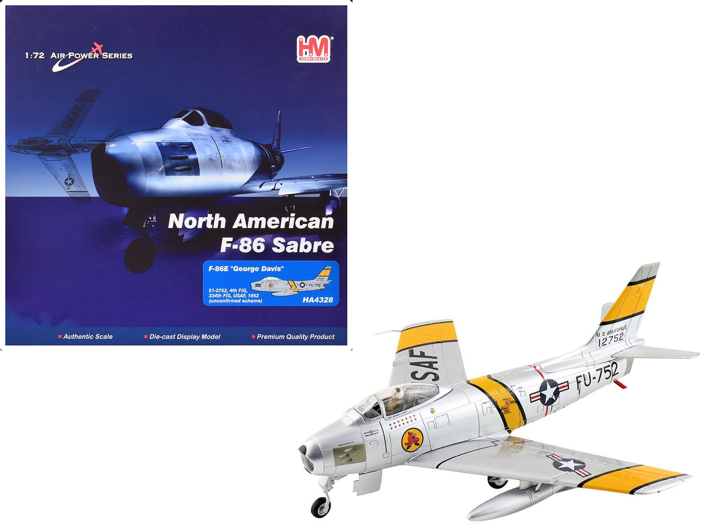 North American F-86E Sabre Fighter Aircraft "51-2752 Colonel George Andrew Davis Jr. 4th FIG 334th FIS" (1952) United States Air Force "Air Power Series" 1/72 Diecast Model