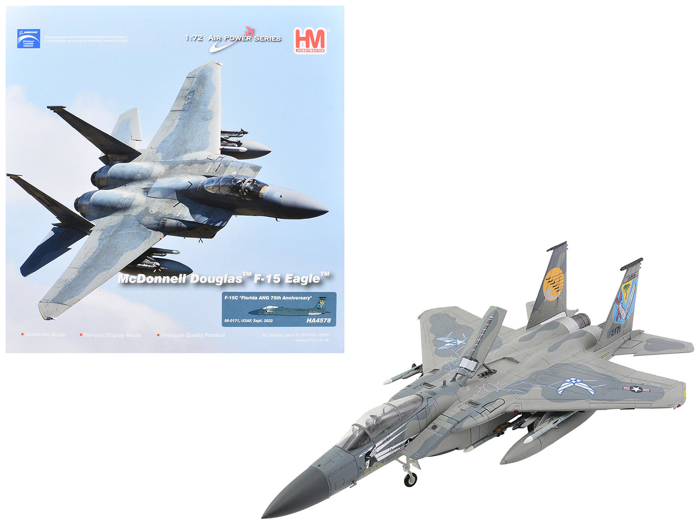 McDonnell Douglas F-15C Eagle Fighter Aircraft "86-0171 Florida ANG 75th Anniversary" (2022) United States Air Force "Air Power Series" 1/72 Diecast Model