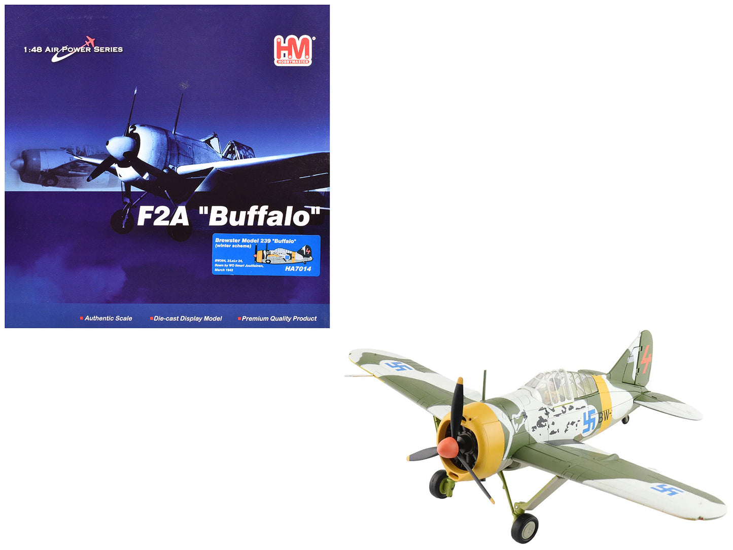 Brewster F2A Model 239 "Buffalo" Fighter Aircraft "BW364 LeLv 24 flown by Warrant Officer Ilmari Juutilainen" (1942) Finnish Air Force "Air Power Series" 1/48 Diecast Model
