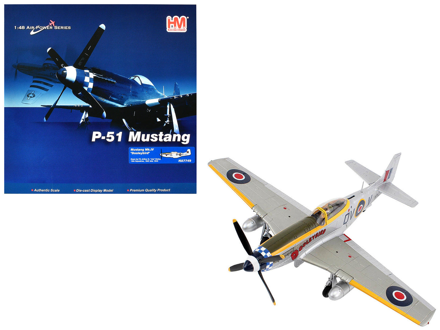 North American Mustang Mk.IV Fighter Aircraft "Flight Lieutenant Arthur S. 'Joe' Doley 19th Squadron" (1945) British Royal Air Force "Air Power Series" 1/48 Diecast Model